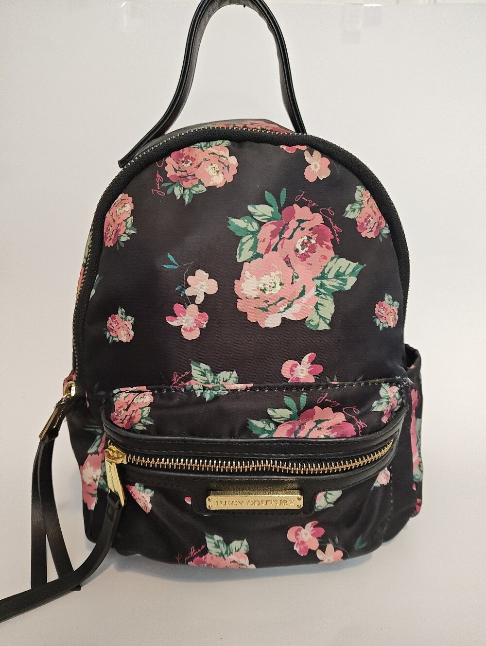 Juicy Couture Black Floral Mini Backpack with Pink & Green Accents